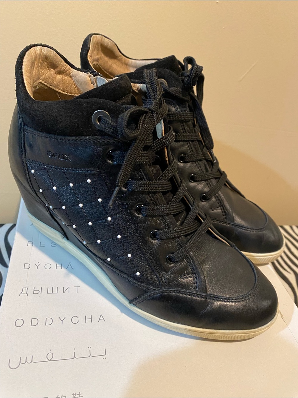Geox Black Leather Wedge Sneakers with White Dot Detailing - Women